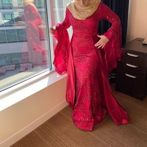 Red long sleeve maxi dress bell shapes sleeves